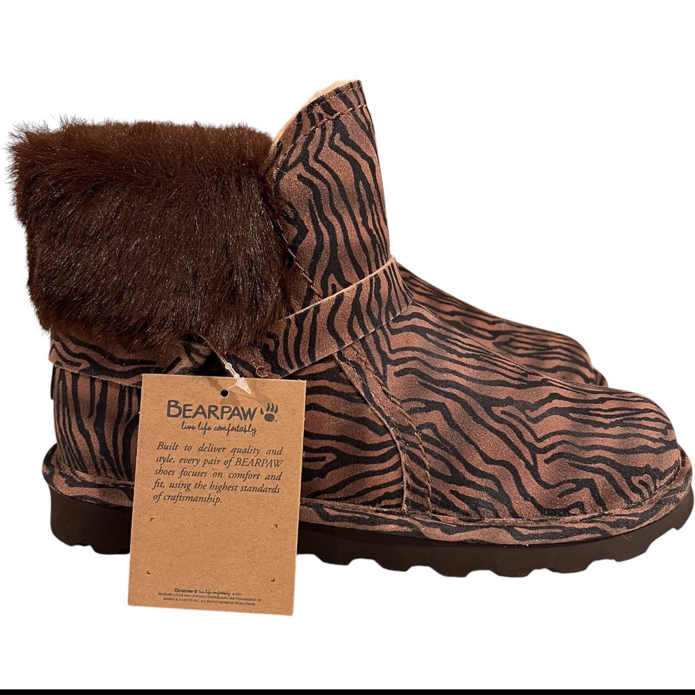Bearpaw Ankle Boots Konnie Women Size 11 Tiger Print Brown Faux Fur NeverWet New